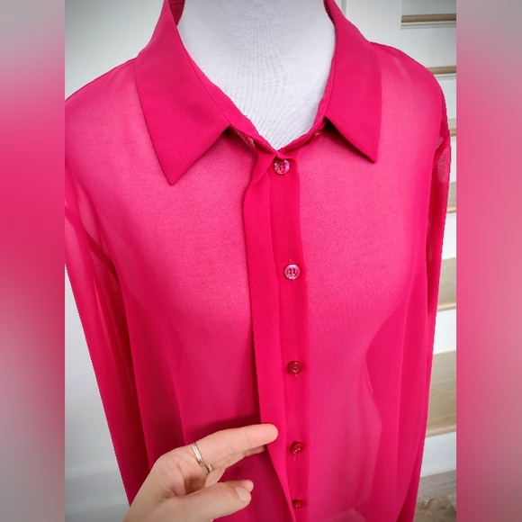 NWOT BCBGeneration W's Large Sheer Collared Button-Down Pink Long Sleeve Blouse - Picture 4 of 9